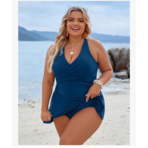 Women's Plus Size Swim Dress Tummy Control Swimsuit Blue size XXL Criss Cross - Picture 4 of 15